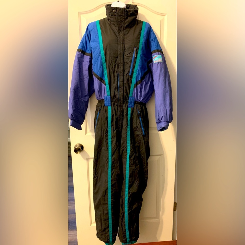 Vintage Snowsuit Progress Sz 36 Unisex Black Colorful Warm ski Snowboard Sled